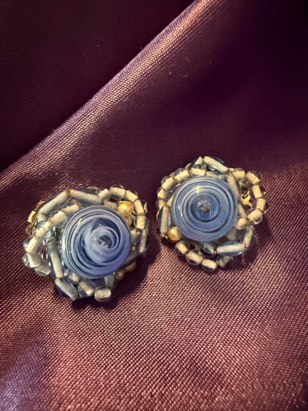 Vintage Blue Rose Cluster Earrings - JAPAN